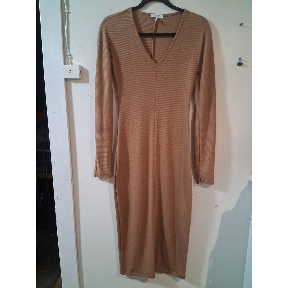 Rag & Bone Ribbed V-Neck Midi Dress Camel Tan Long Sleeve XS